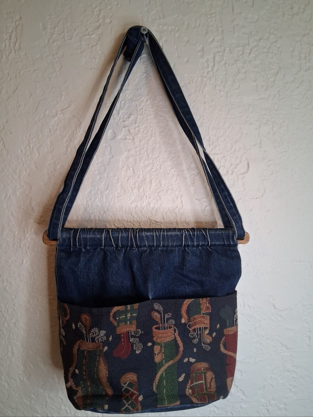 Vintage Handmade Denim & Golf Pattern Tapestry Shoulder Bag Wood Accent
